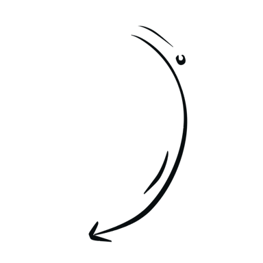 A charcoal-colored doodle arrow pointing left, with faint curved lines and a small dot above.