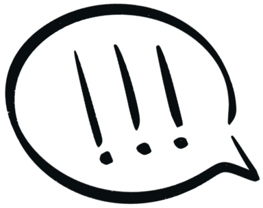 Hand-drawn outline of a speech bubble with three exclamation marks inside.