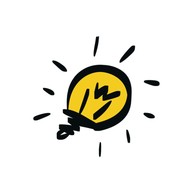 A yellow light bulb with black outlines and rays is shown against a black background.