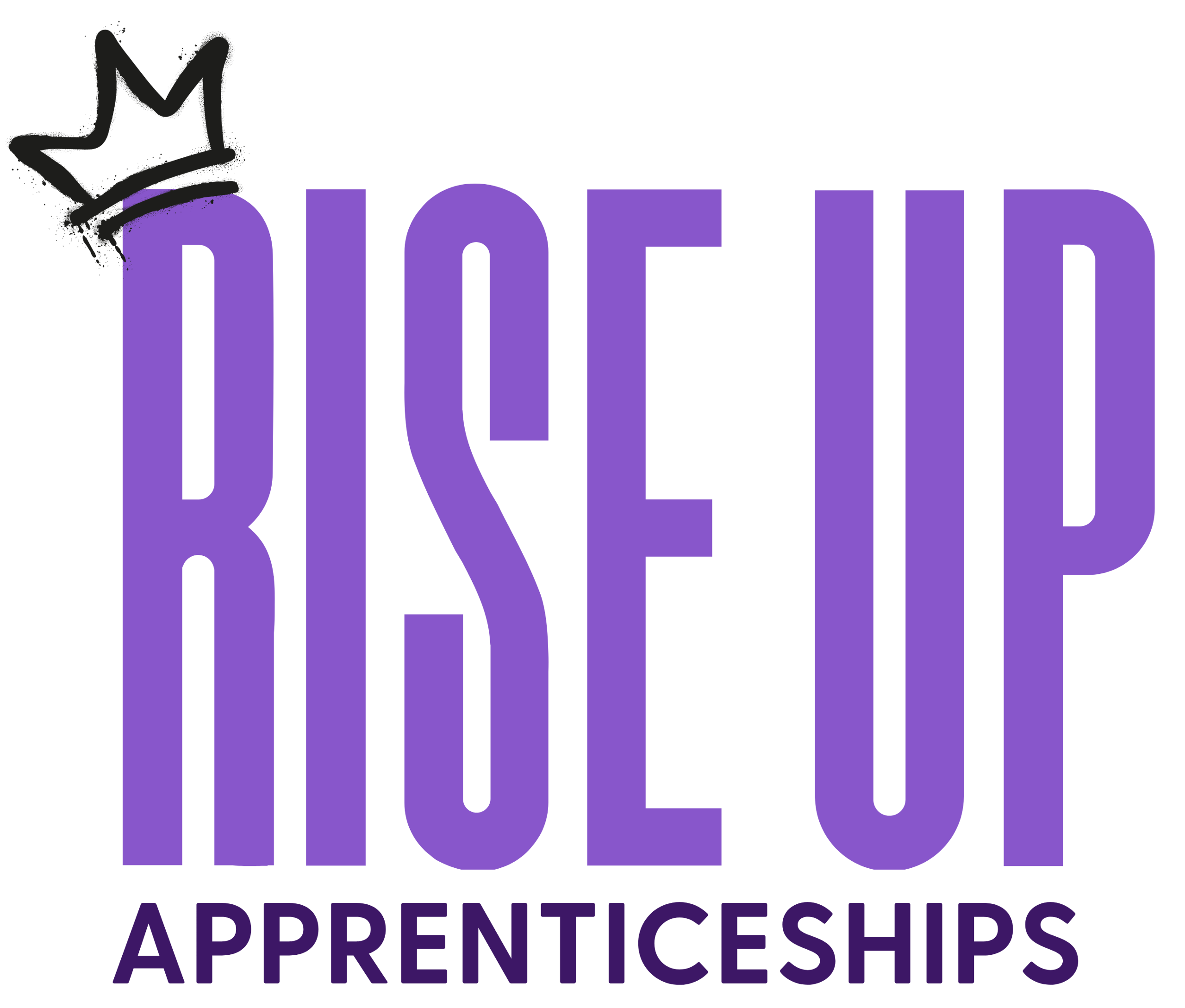 The "Rise Up" logo features bold purple lettering against a black background, with a graffiti-style crown icon above the text. Below "Rise Up" are the words "APPRENTICESHIPS" in smaller purple text.