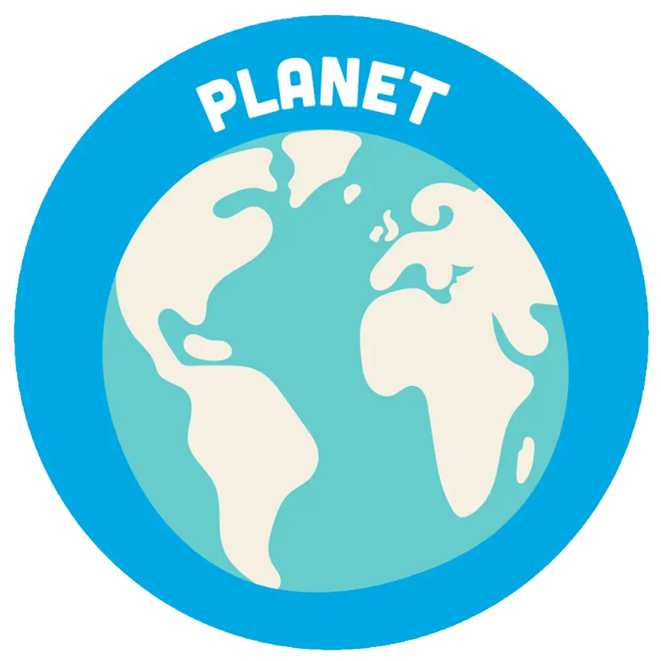 A cartoon globe with continents is depicted within a blue circle. The word "PLANET" is written in white, stylized text at the top of the circle.