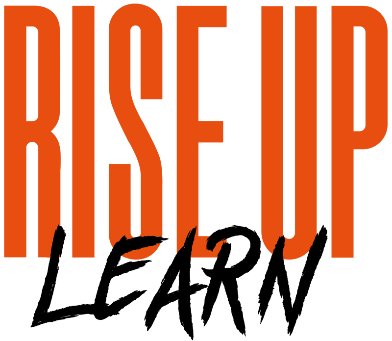 Bold orange text "RISE UP" layered over a smaller, black, brush-stroke style text "LEARN".
