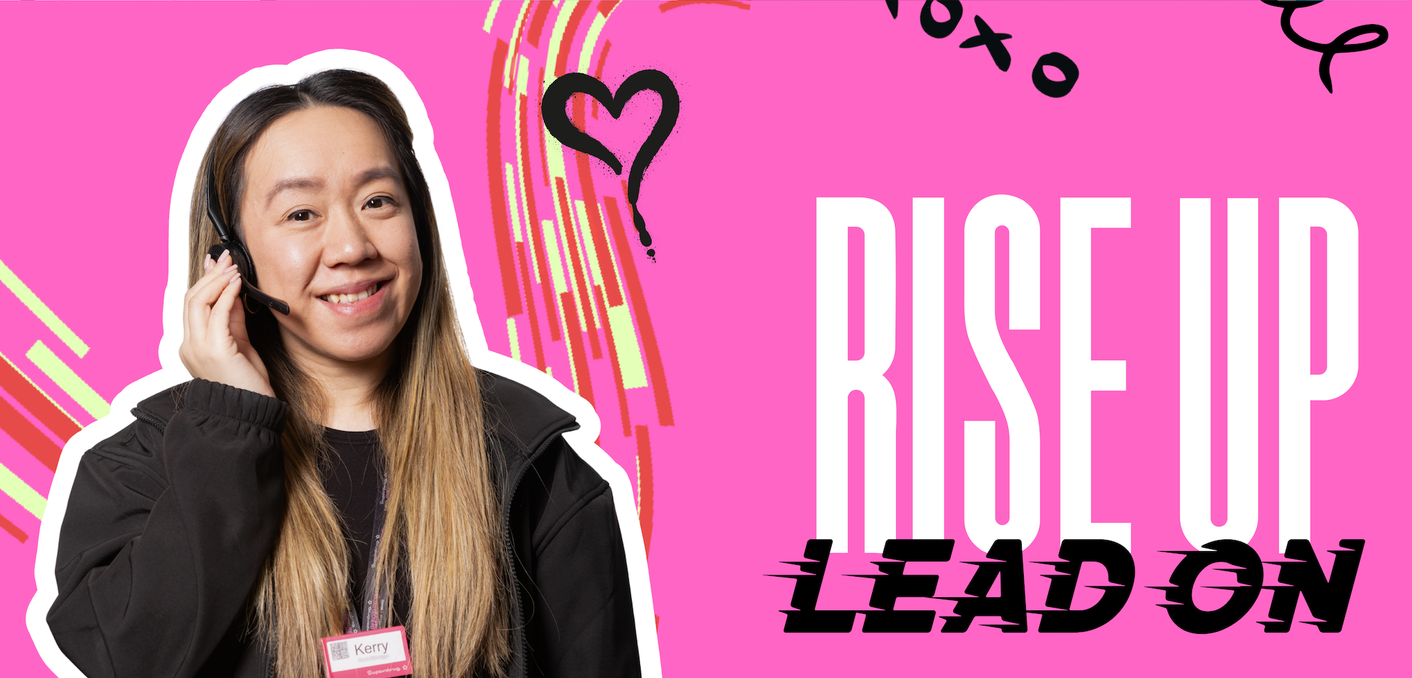 Woman with headset smiles on a pink background with abstract shapes and text "RISE UP LEAD ON."