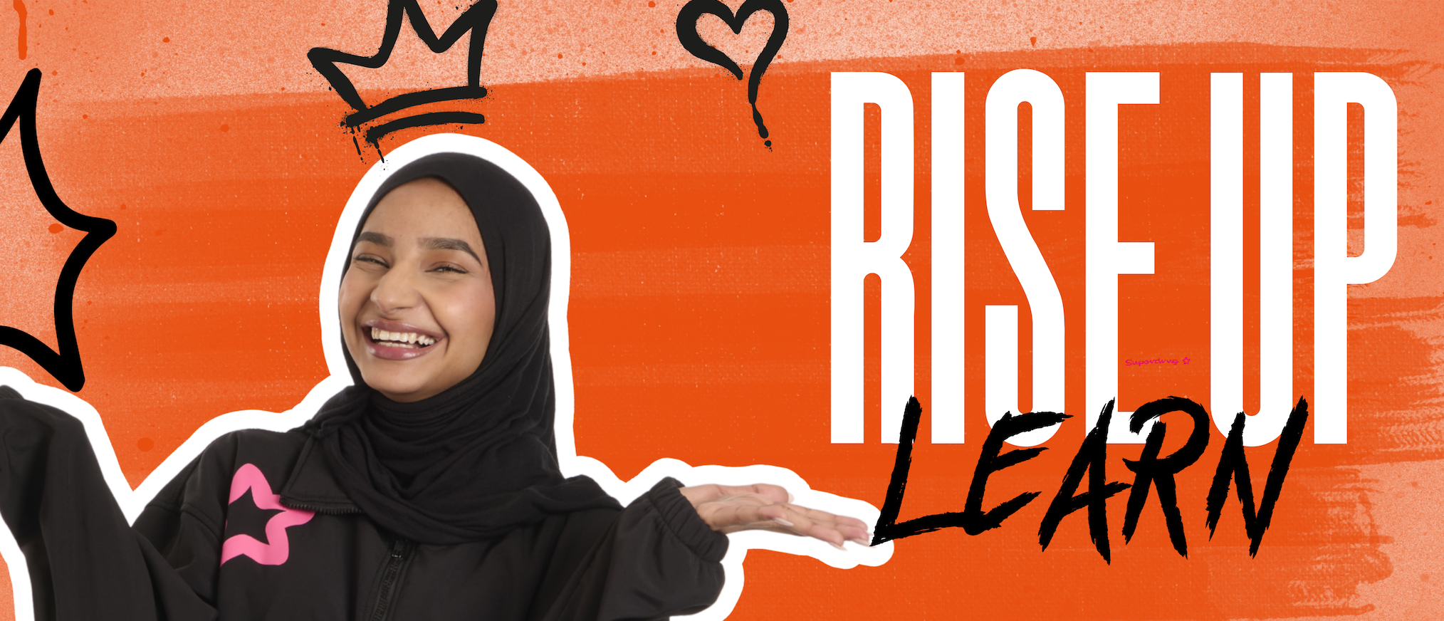 A young Muslim woman in a hijab laughs and gestures with her hands, with the words "Rise Up Learn" written in bold text over an orange background.