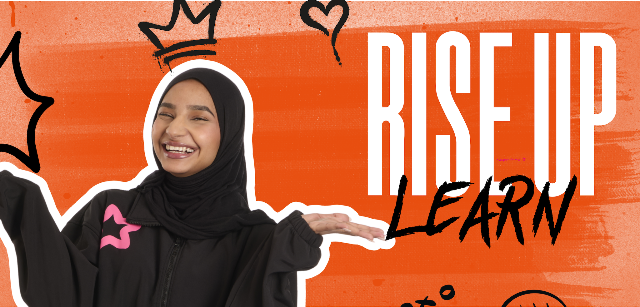 A young Muslim woman in a hijab laughs and gestures with her hands, with the words "Rise Up Learn" written in bold text over an orange background.