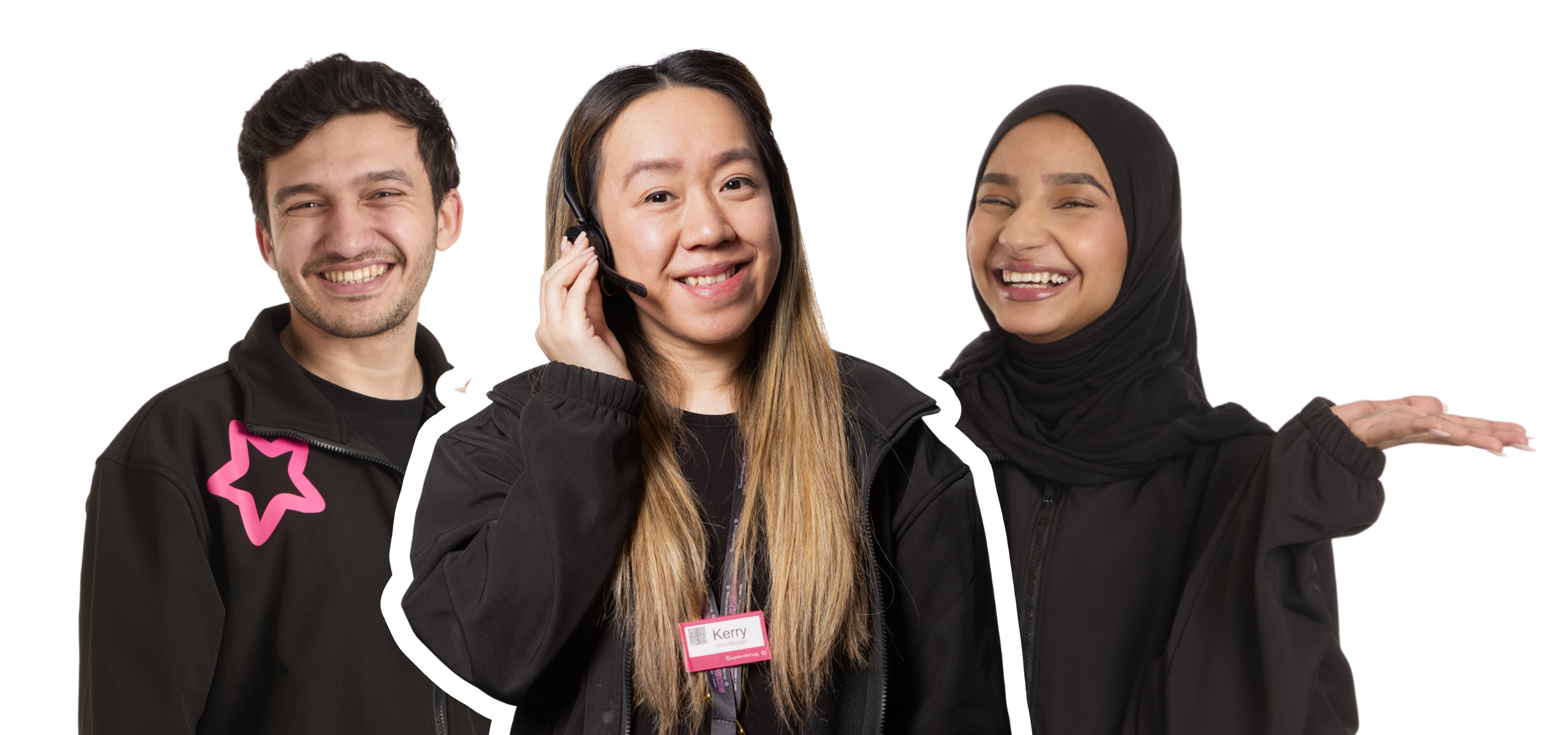 Three diverse employees in black jackets. One man smiles, a woman talks on a headset, and another woman gestures with an open hand.