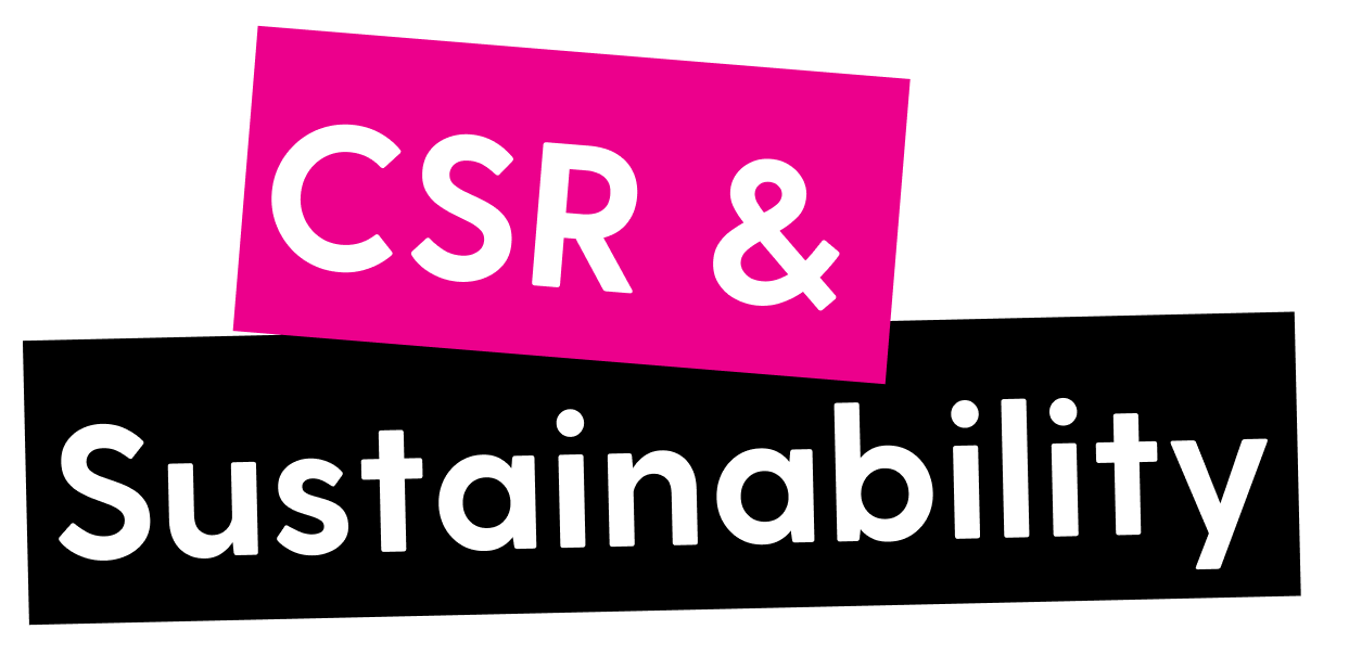 White text "CSR &" on a tilted magenta rectangle, with "Sustainability" in white text below it on a black rectangle.