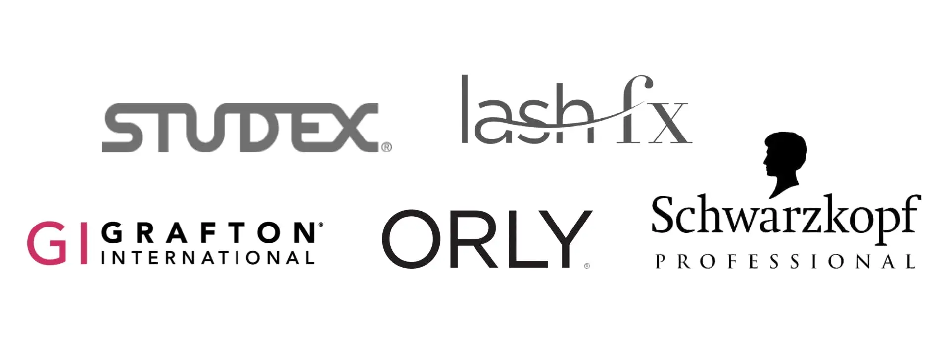 Logos include Studex, Lash FX, Graftan International, Orly, and Schwarzkopf Professional.
