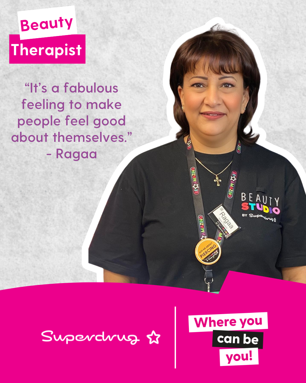 Ragaa, a beauty therapist, smiles and shares her quote "It's a fabulous feeling to make people feel good about themselves."