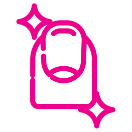 A bright pink outlined icon of a fingernail with two sparkles on either side.