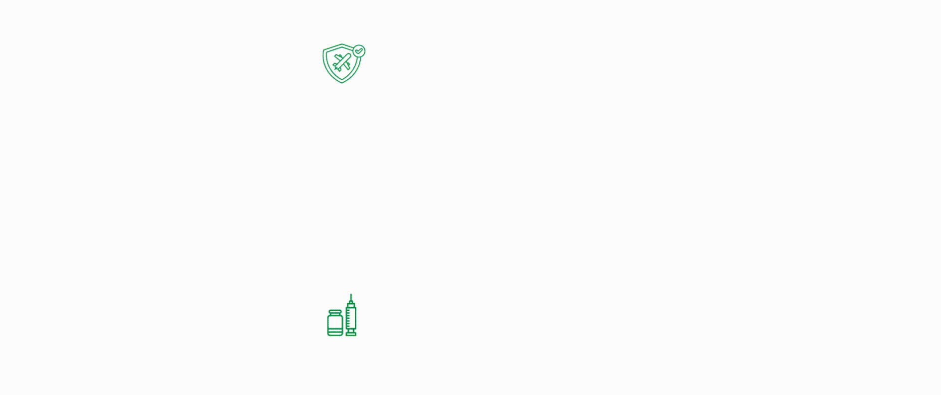 Shield icon with airplane and checkmark, vaccine vial, and syringe.