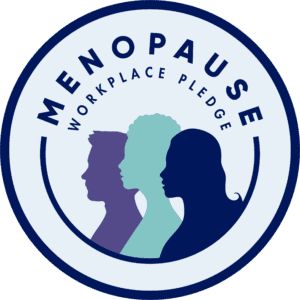 Three silhouette profiles of women of different ages and ethnicities, encircled by text reading "Menopause Workplace Pledge."