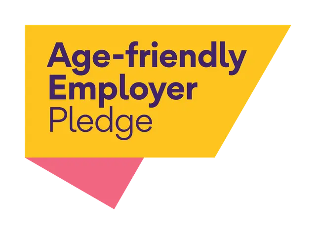 A yellow banner with purple text reading "Age-friendly Employer Pledge" and a pink triangle at the bottom.