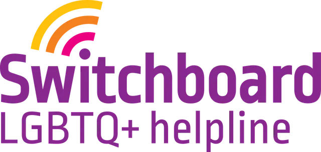 Switchboard LGBTQ+ helpline logo with colorful arcs above and purple text.