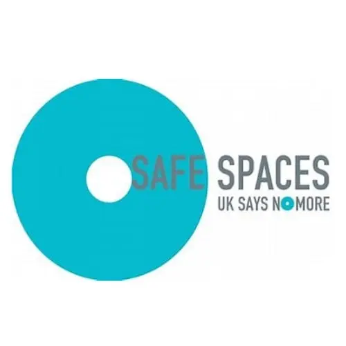Blue circle logo with "SAFE SPACES UK SAYS NO MORE" text.