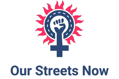 Logo features a raised fist inside a circle with road markings, a sunburst, and a female symbol.