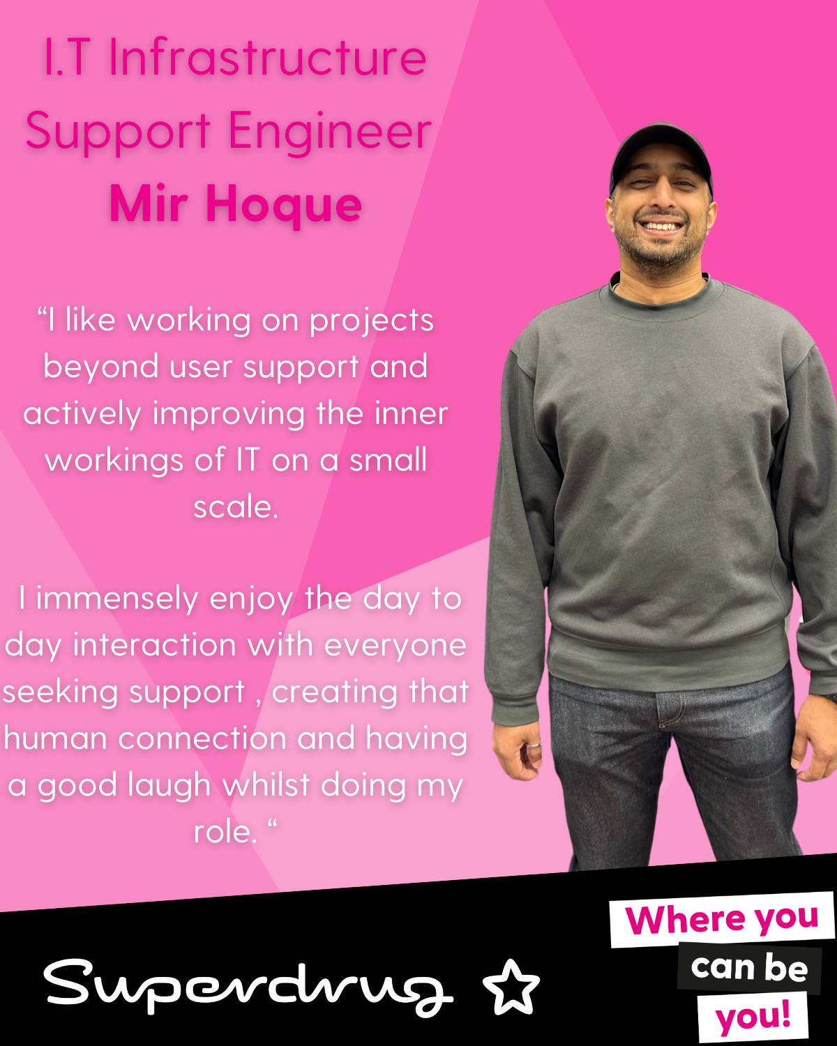Mir Hoque, IT Infrastructure Support Engineer, smiling in front of a bright pink background.