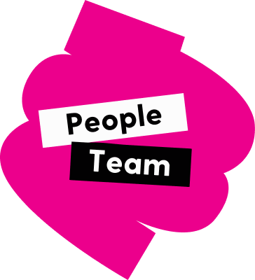 A pink blob logo with the words People on a white rectangle and Team on a black rectangle.