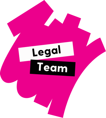 A pink brushstroke graphic with the words Legal in white and Team in white on a black background.