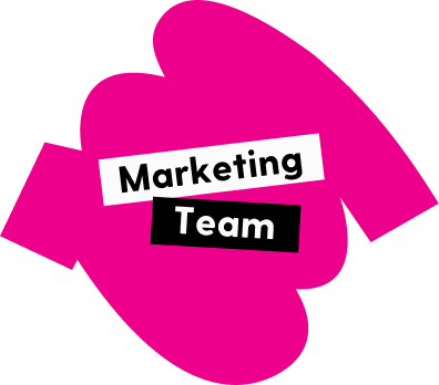 A pink blob-shaped graphic with the word Marketing on a white rectangle and Team on a black rectangle.