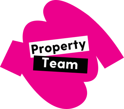 A pink blob logo with Property Team text on two slanted rectangular labels.