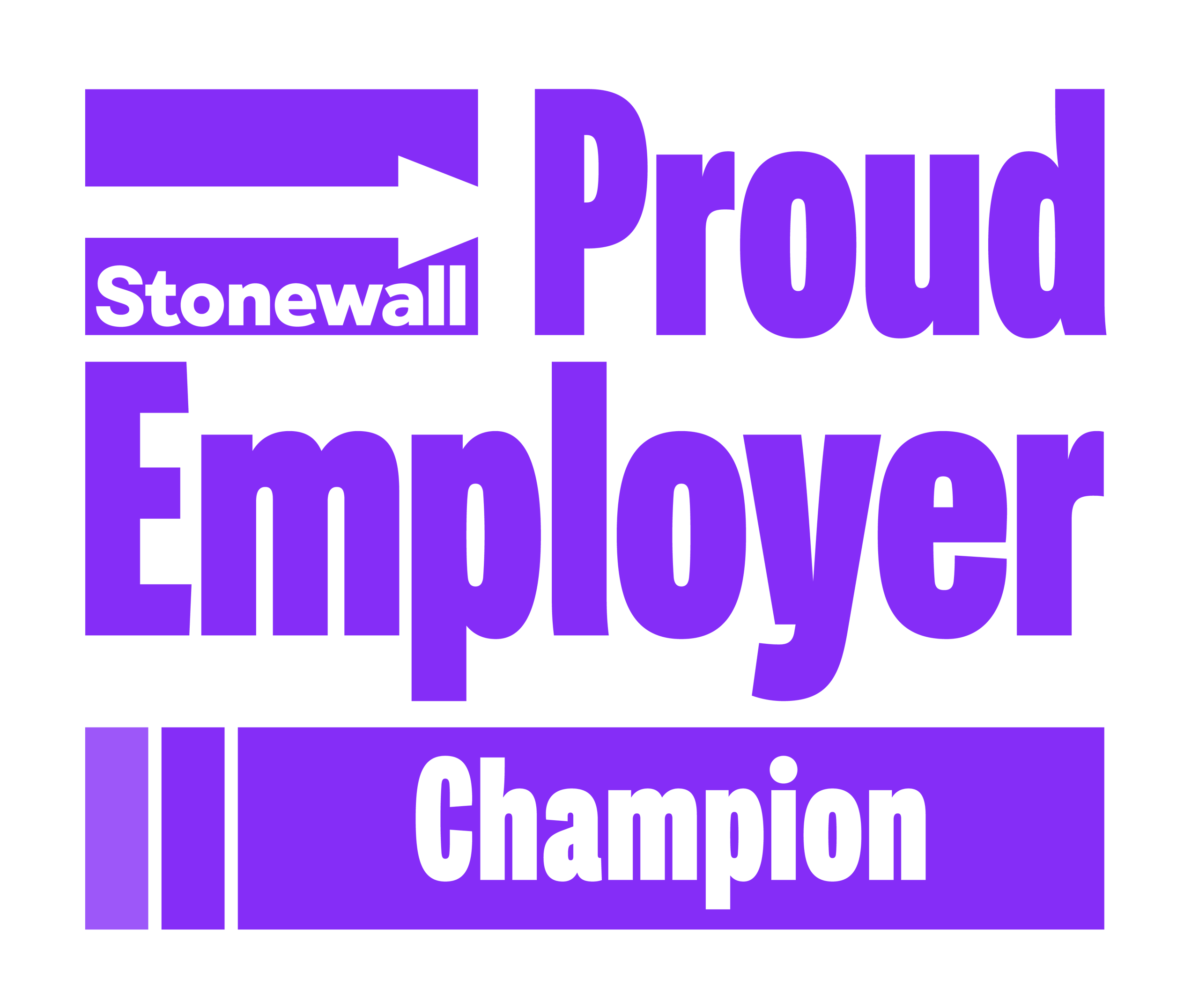 A purple Stonewall Proud Employer Champion logo featuring the text on a white background.