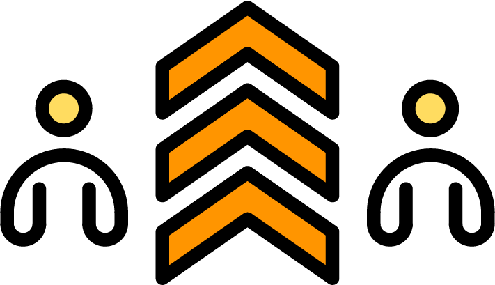 Two abstract human figures flanking a central column of three stacked orange chevrons pointing up.