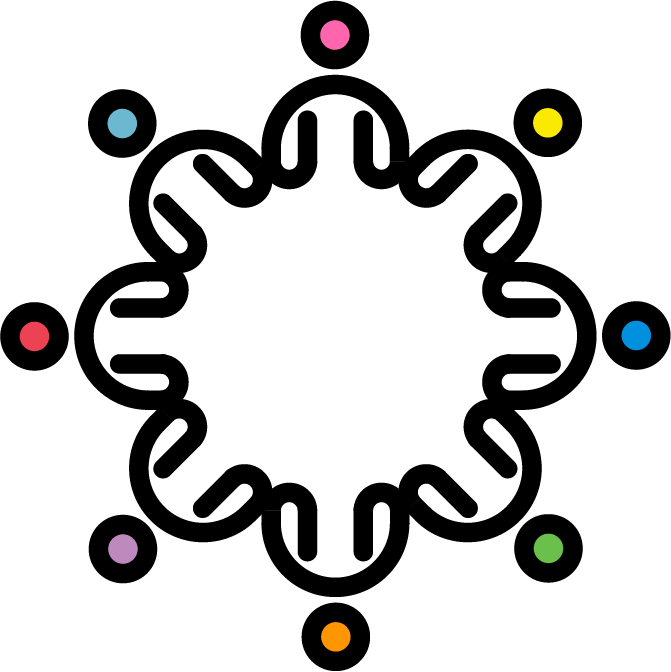 A circular arrangement of eight stylized figures linked together with multicolored heads.