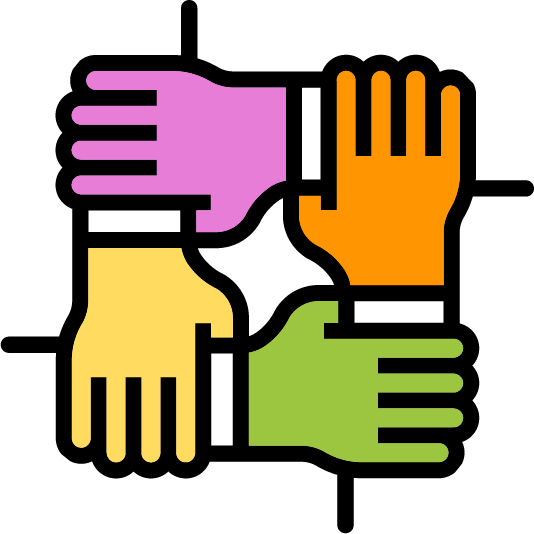 Four multicolored hands linked together in a circle representing unity, diversity, and equality.