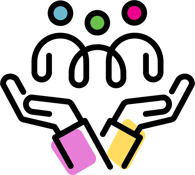 Two hands cupped together protectively around three stylized, colorful people icons.