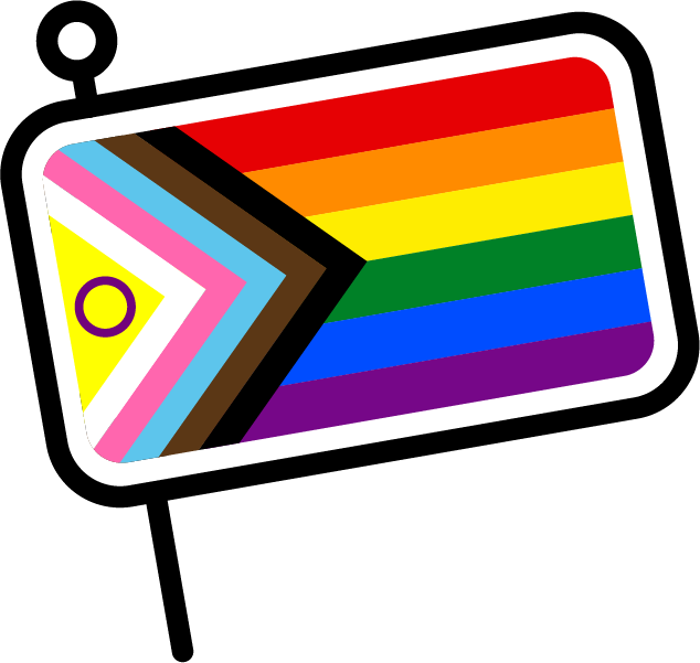 A cartoon-style pin badge featuring the Progress Pride flag with its iconic chevron design.