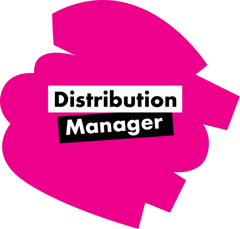 Text reading Distribution Manager inside a bright pink, rough-edged circular background shape.