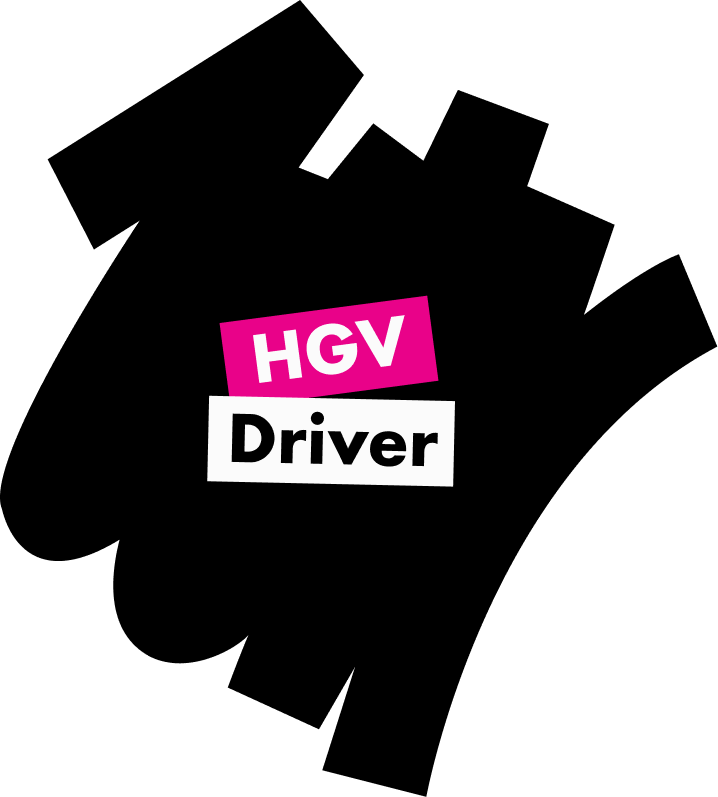 HGV Driver text with HGV in white on a pink rectangle above Driver in black on a white rectangle.