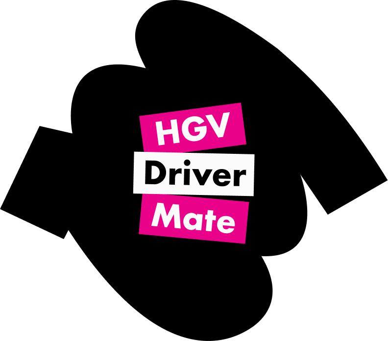 HGV Driver Mate logo featuring black abstract shapes behind three stacked text bars.