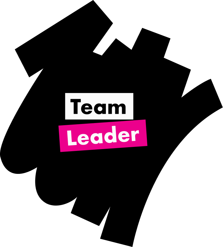 Black paint brush stroke background with white text Team on black and white text Leader on pink.
