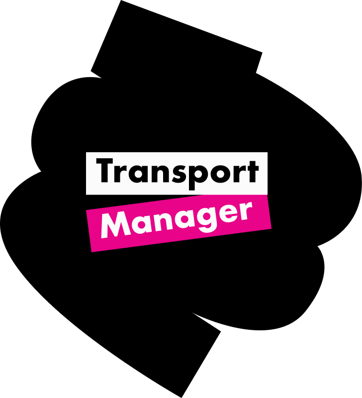 A bold black abstract shape containing the white text Transport and pink text Manager.