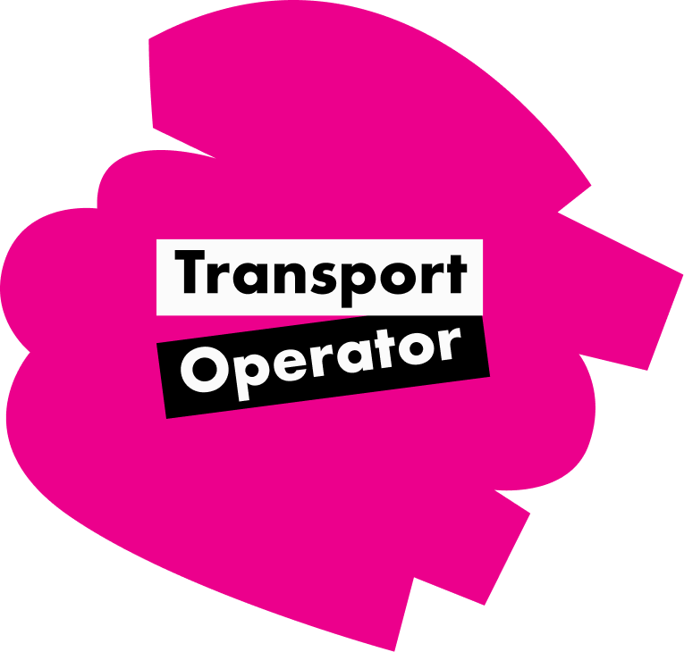 A pink abstract brushstroke background with the text Transport Operator in white and black boxes.