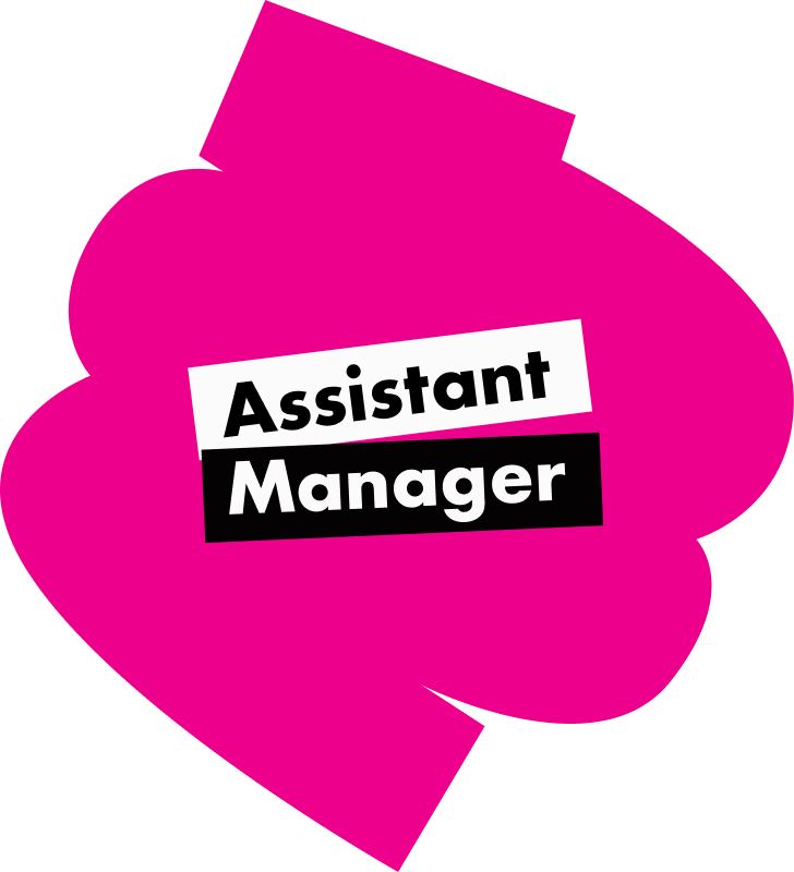 A bright pink abstract shape with a white label reading Assistant and a black label reading Manager.