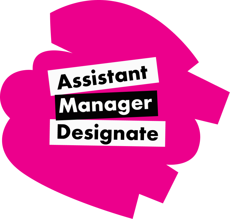 Text graphic reading Assistant Manager Designate set against a bright pink, cloud-like shape.