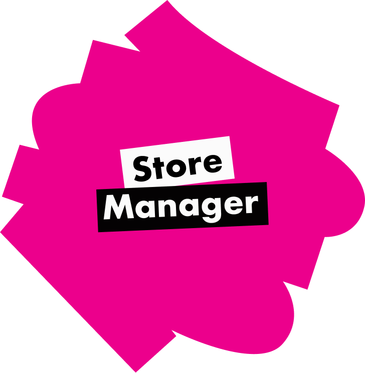 A pink, jagged-edged shape featuring the text Store Manager in black and white boxes.