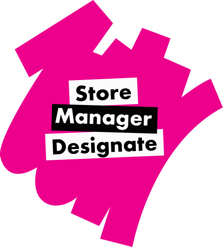 A pink abstract paint splatter background with the text Store Manager Designate in a stack.