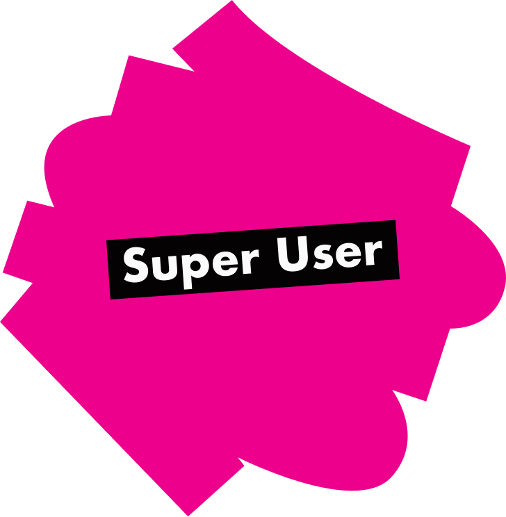 A bold magenta paint splatter shape with a black rectangular banner reading Super User in white.