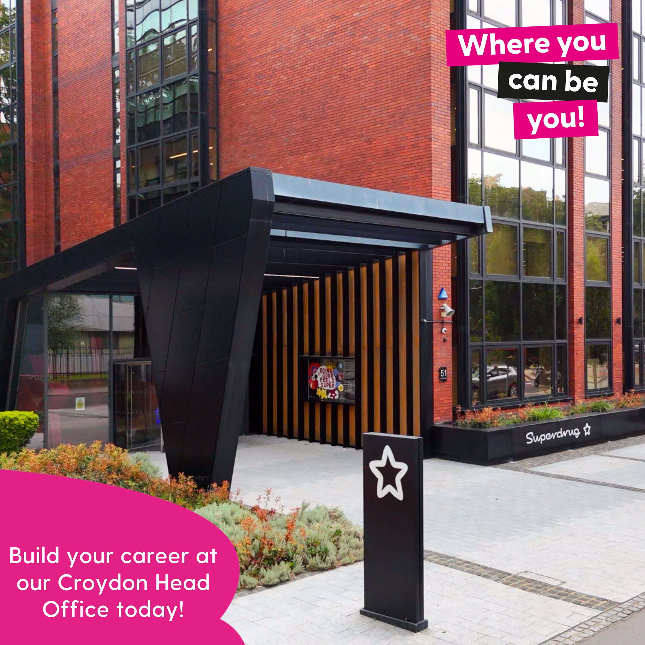 Exterior of the Superdrug headquarters in Croydon with a modern entrance and career promotion text.