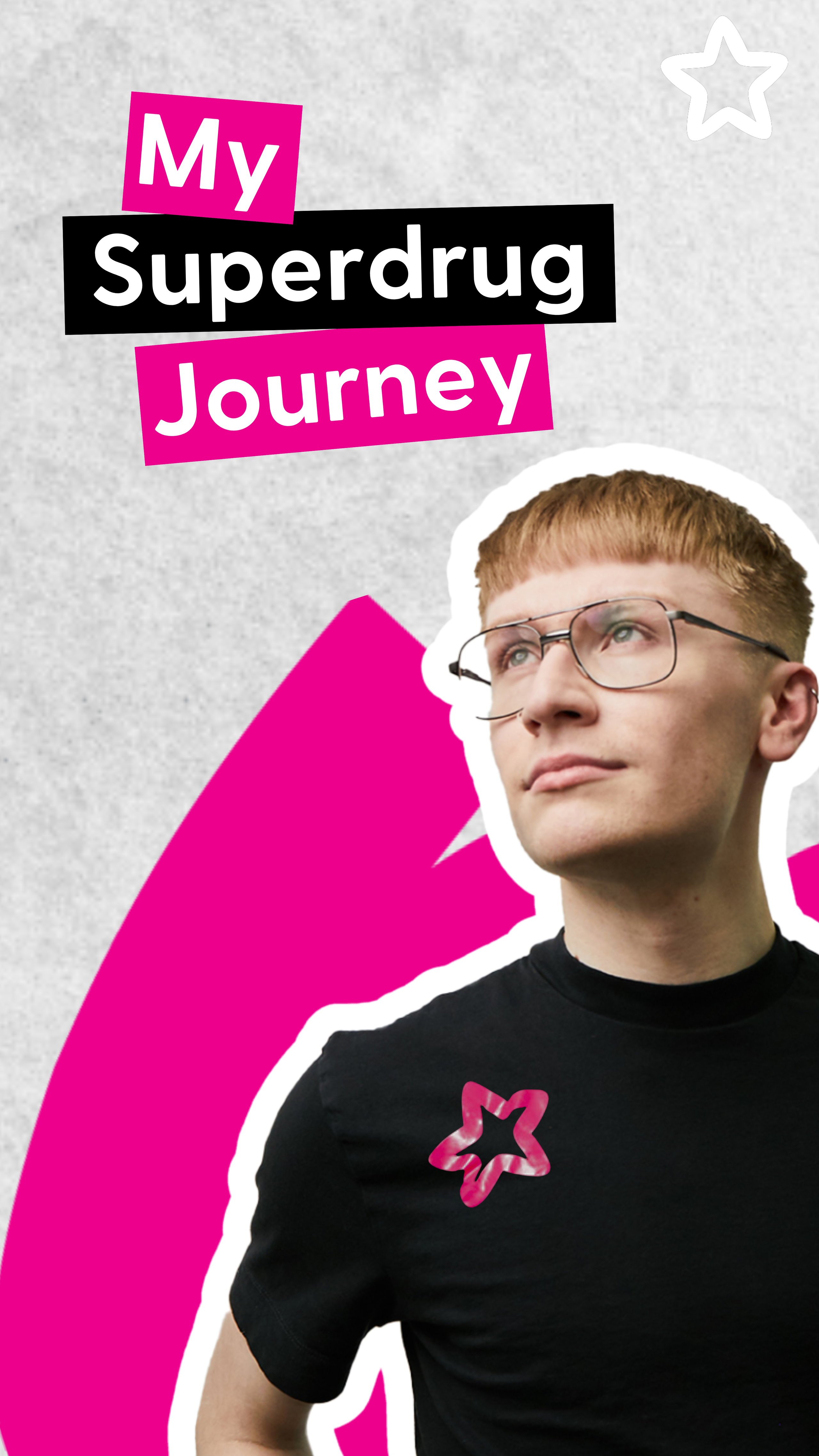 A young man with glasses wearing a black shirt against a textured gray and hot pink background.