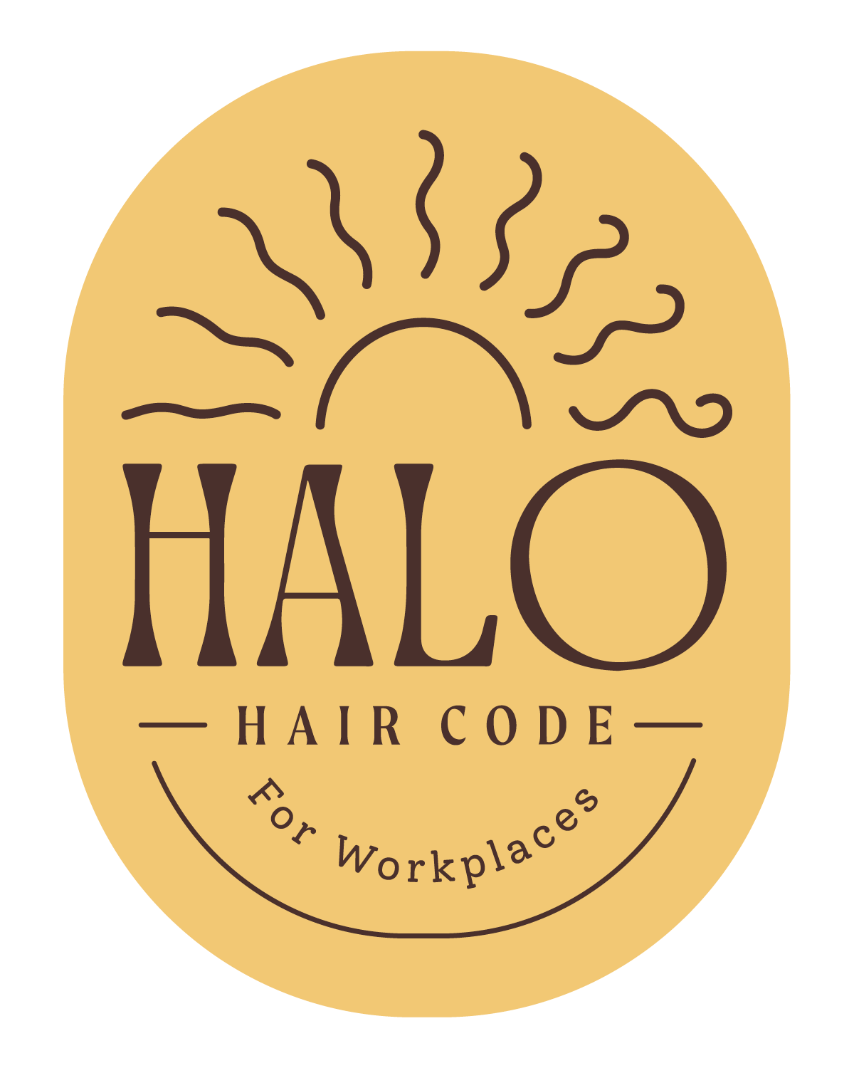 A circular gold logo with a stylized sun icon above the text Halo Hair Code For Workplaces.