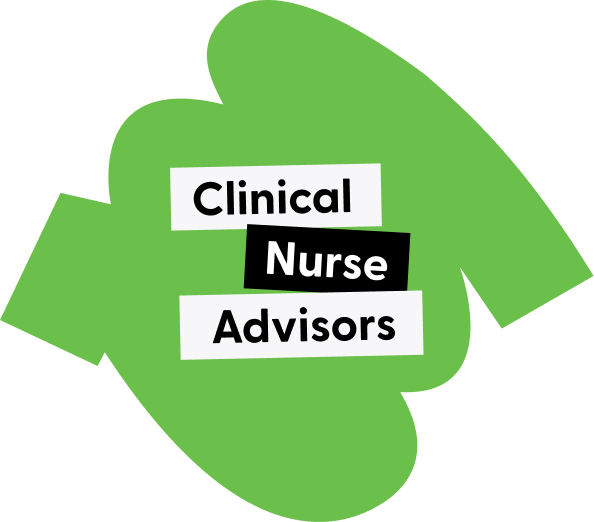 Green abstract shape with the text Clinical Nurse Advisors printed on three slanted white labels.