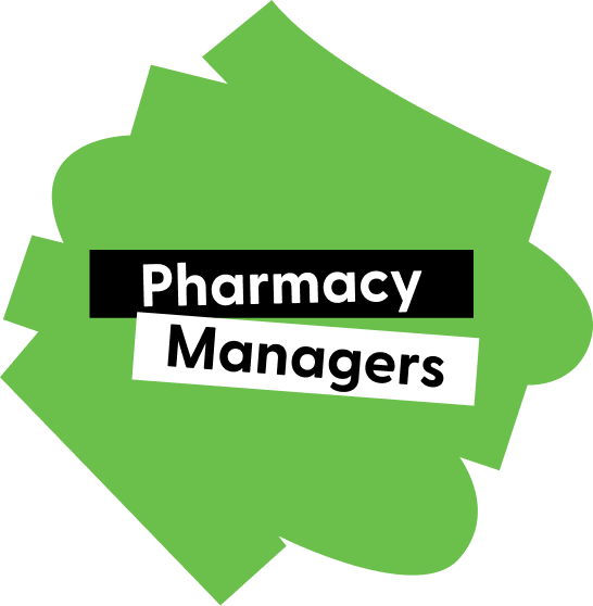 A green stylized background with the text Pharmacy Managers in a stacked, contrasting layout.