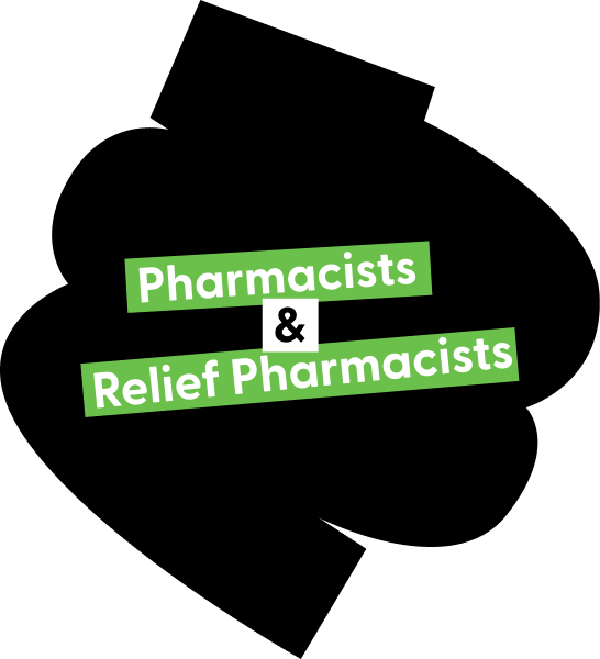A black abstract shape with green text reading Pharmacists & Relief Pharmacists.