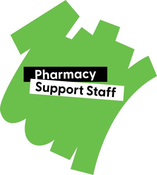 Pharmacy Support Staff logo with text on a green brushstroke background.