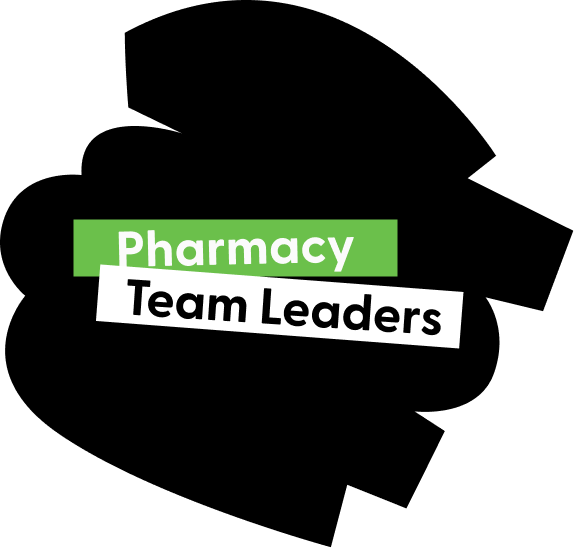 Pharmacy Team Leaders logo with white text and a green banner on a black stylized shape.